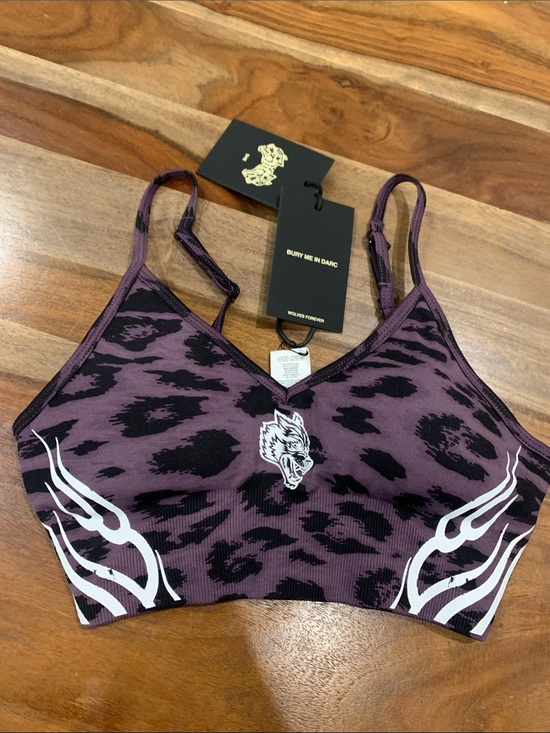 Darc Sport Tops - Darc Sport Purple Animal Print Sports Bra with White Graphic